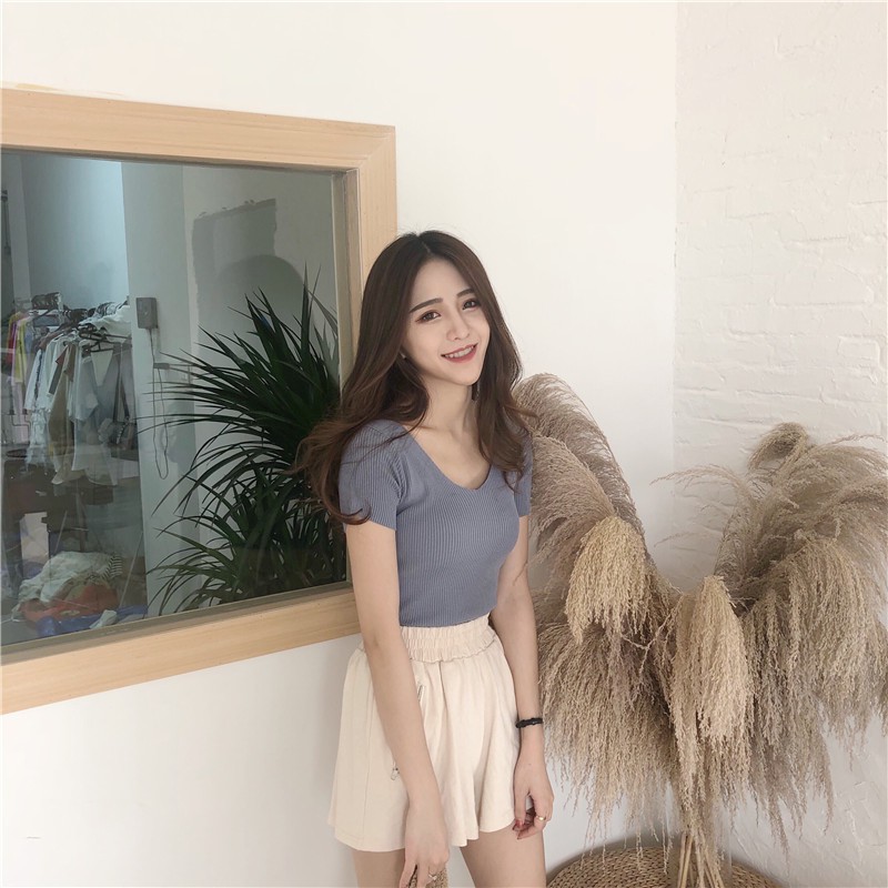 Kaos Wanita Korean Style Pendek Es Sutra Rajut Atasan Lengan Pendek Tipis Knit T-shirt