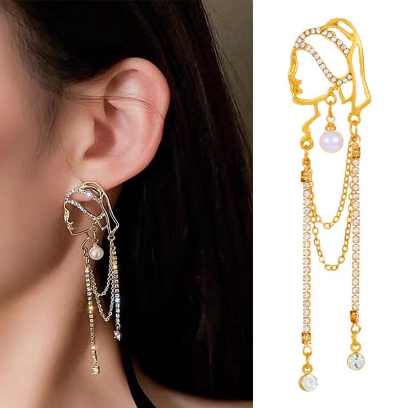 Fancyqube Anting Tusuk Gantung Panjang S925 Wanita Desain Potret Rantai Hias Mutiara Kristal