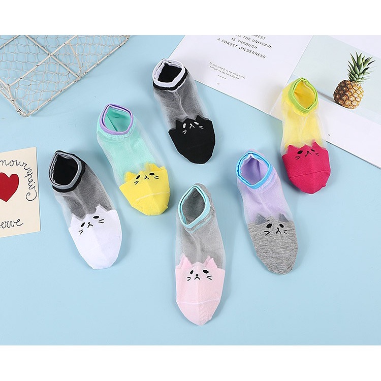 (COD) Wanita Kaus kaki kristal transparan modis kaos kaki pola kucing Lucu Socks 09S