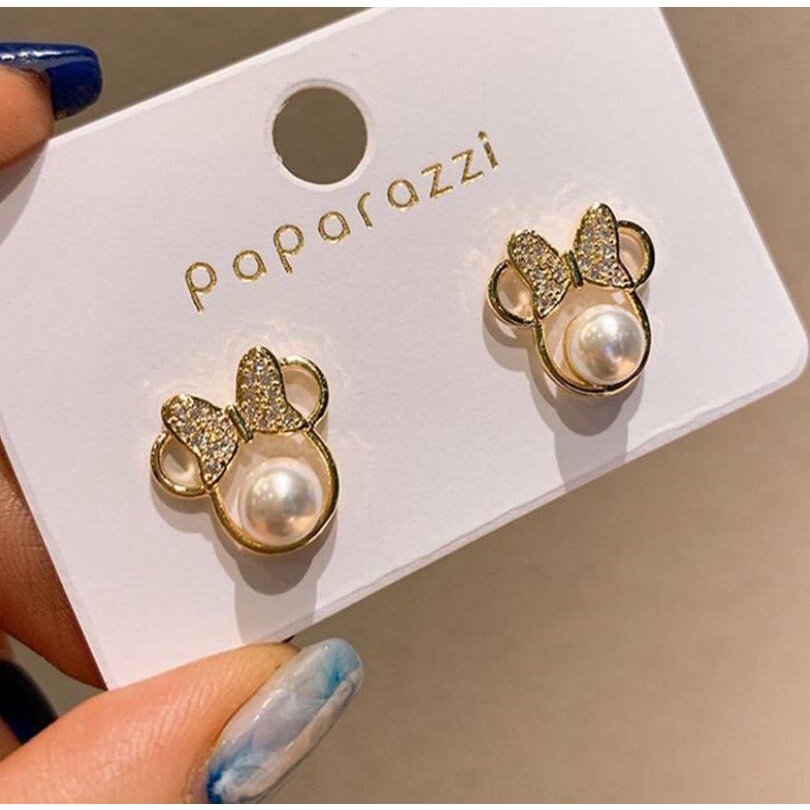 S925 jarum mikro bertatahkan mutiara bow tikus kecil anting-anting Internet celebrity fashion anting