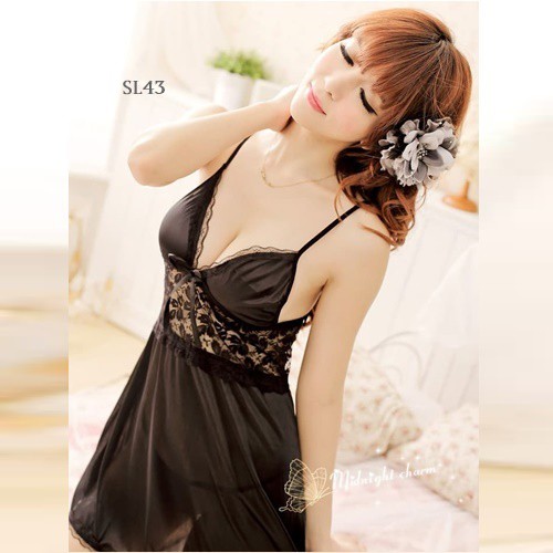 [READY STOCK] SEXY LINGERIE BAJU TIDUR SEKSI HOMEDRESS LACE ICE SILK HITAM SL43