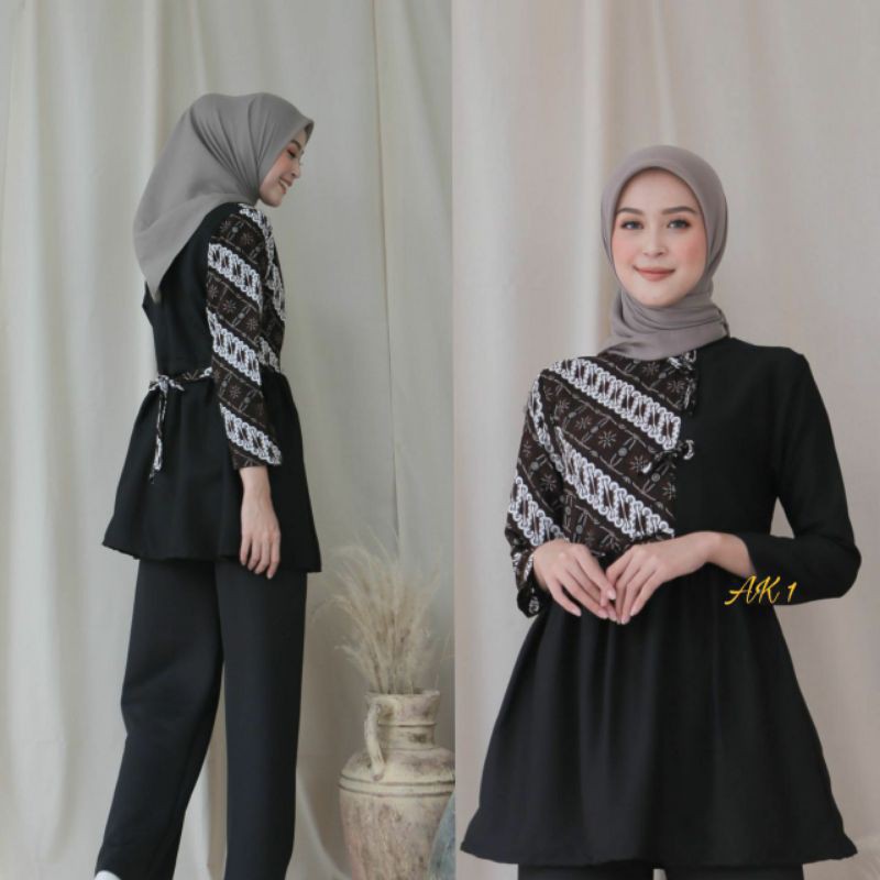 tey-17 Batik wanita ASJ SA HRB026 Kenongo Kemeja Tosca Pendek-hitam seno