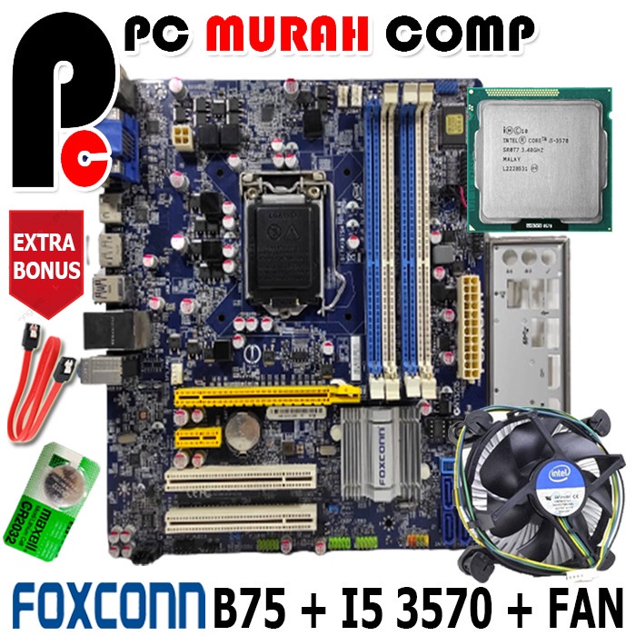 PAKET MAINBOARD i5 MOBO MOTHERBOARD SOKET 1155 B75 Merk FOXCON 4 SLOT I5