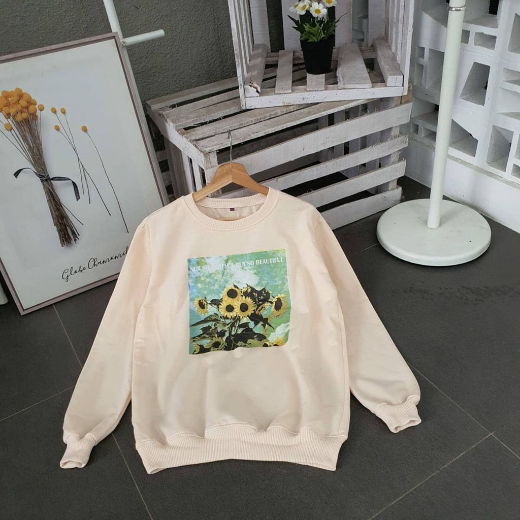 Vintage Sun Flower Sweater-Sweatshirt Cewek Cowok Crewneck Oblong Gaya Casual