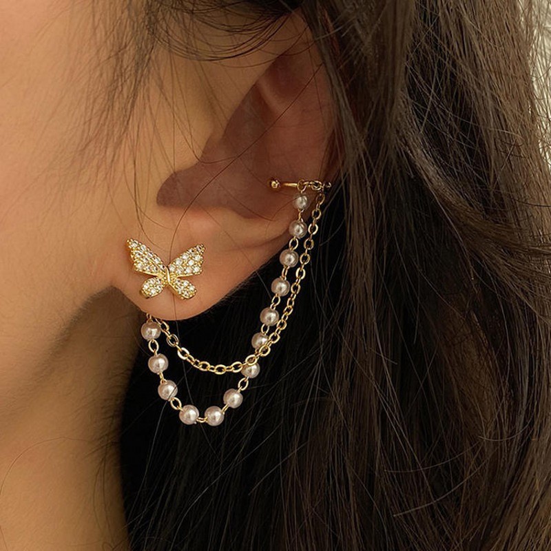 [ Cute Rhinestone Butterfly  Pearl Beads Chain  Stud Earrings Ear Jewelry for Girlfriends ]