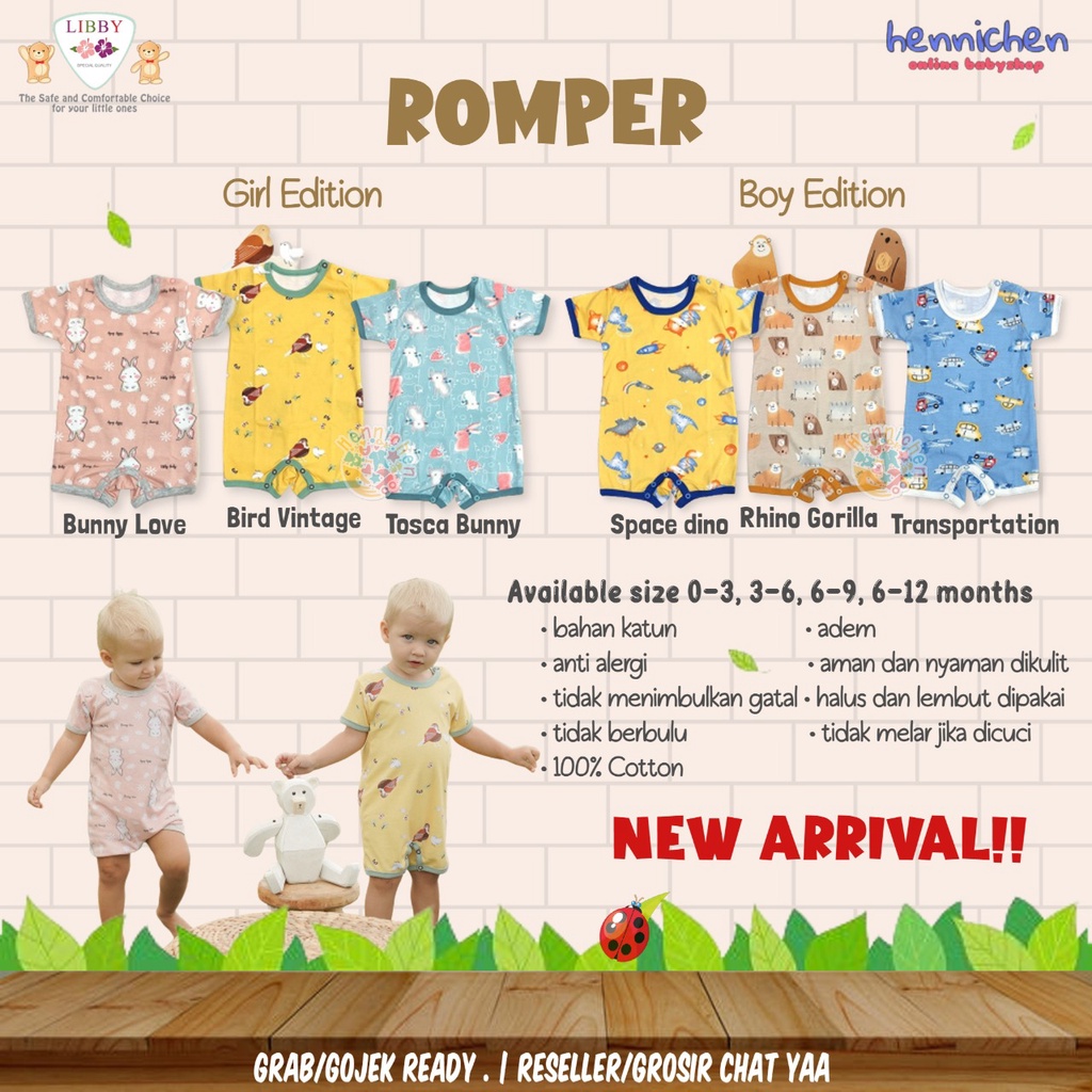 1PCS LIBBY ROMPER PREMIUM Segiempat GIRL/BOY premium ROMPER TANGAN PENDEK PRINT PREMIUM 0 - 12 BULAN