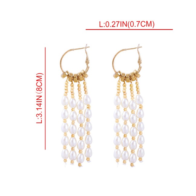 LRC Anting Tusuk Fashion Gold Alloy Pearl Tassel Earrings F72473