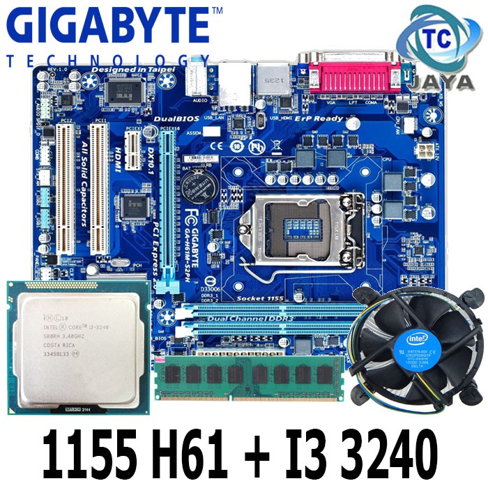 MOBO LGA 1155 H61 GIGABYTE Plus Processor Core i3 3240 + RAM 2GB