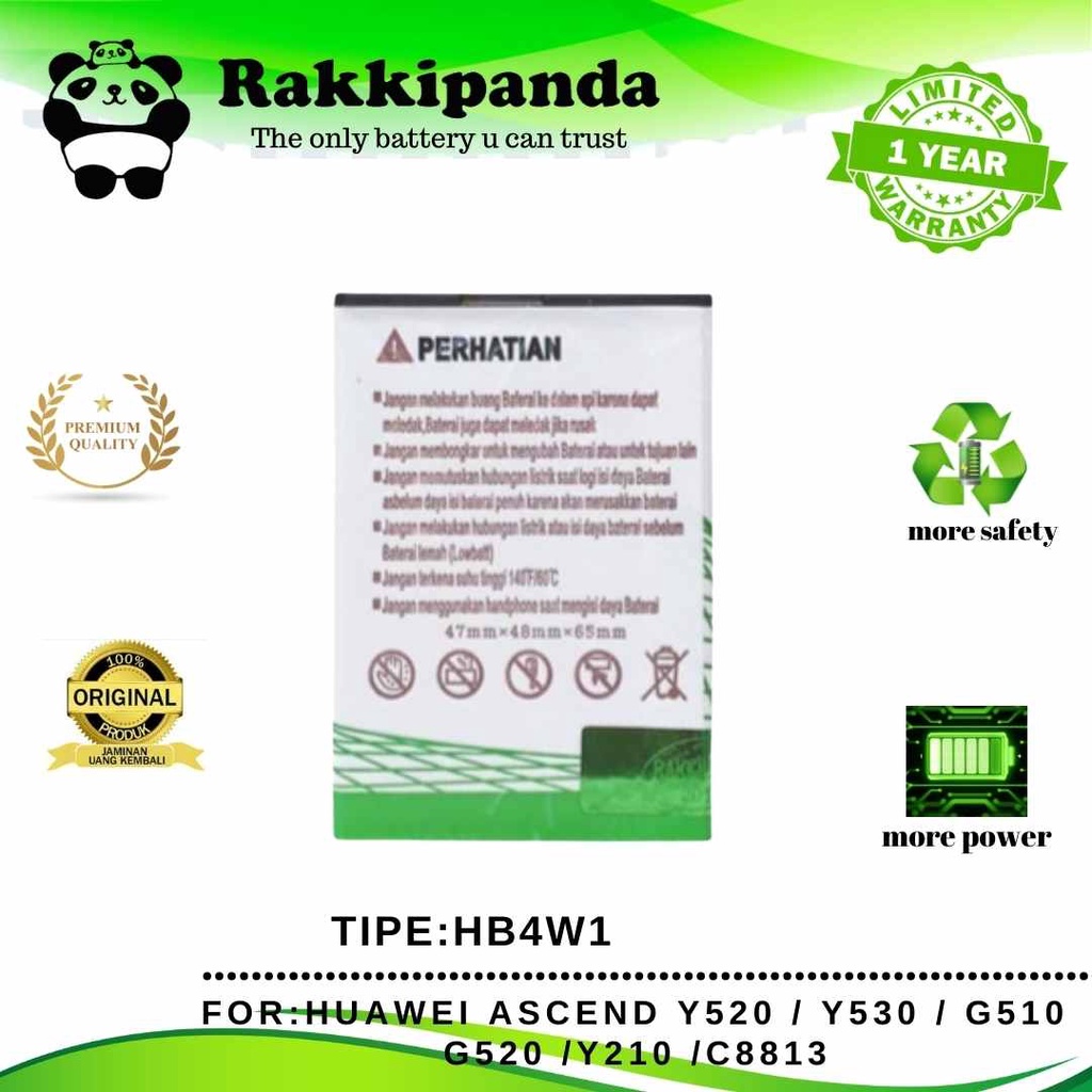 (R/K)- RakkiPanda - HB4W1 / HB4W1H Huawei Ascend Y520 / Y530 / G520 / G510 / Y210 / C8813 Batre Batrai Baterai