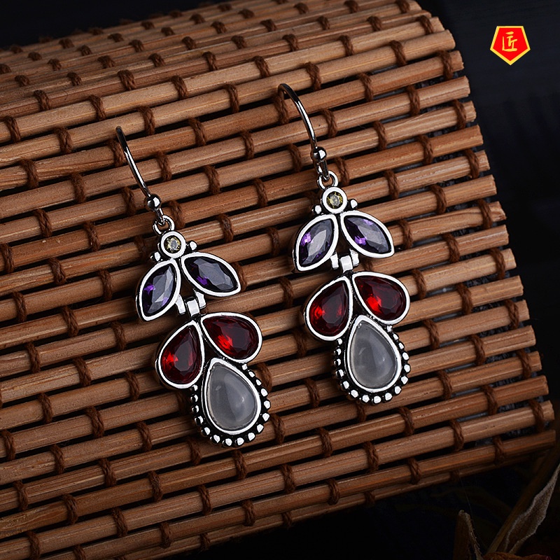 [Ready Stock]New Inlaid Colorful Gem Moonstone Earrings