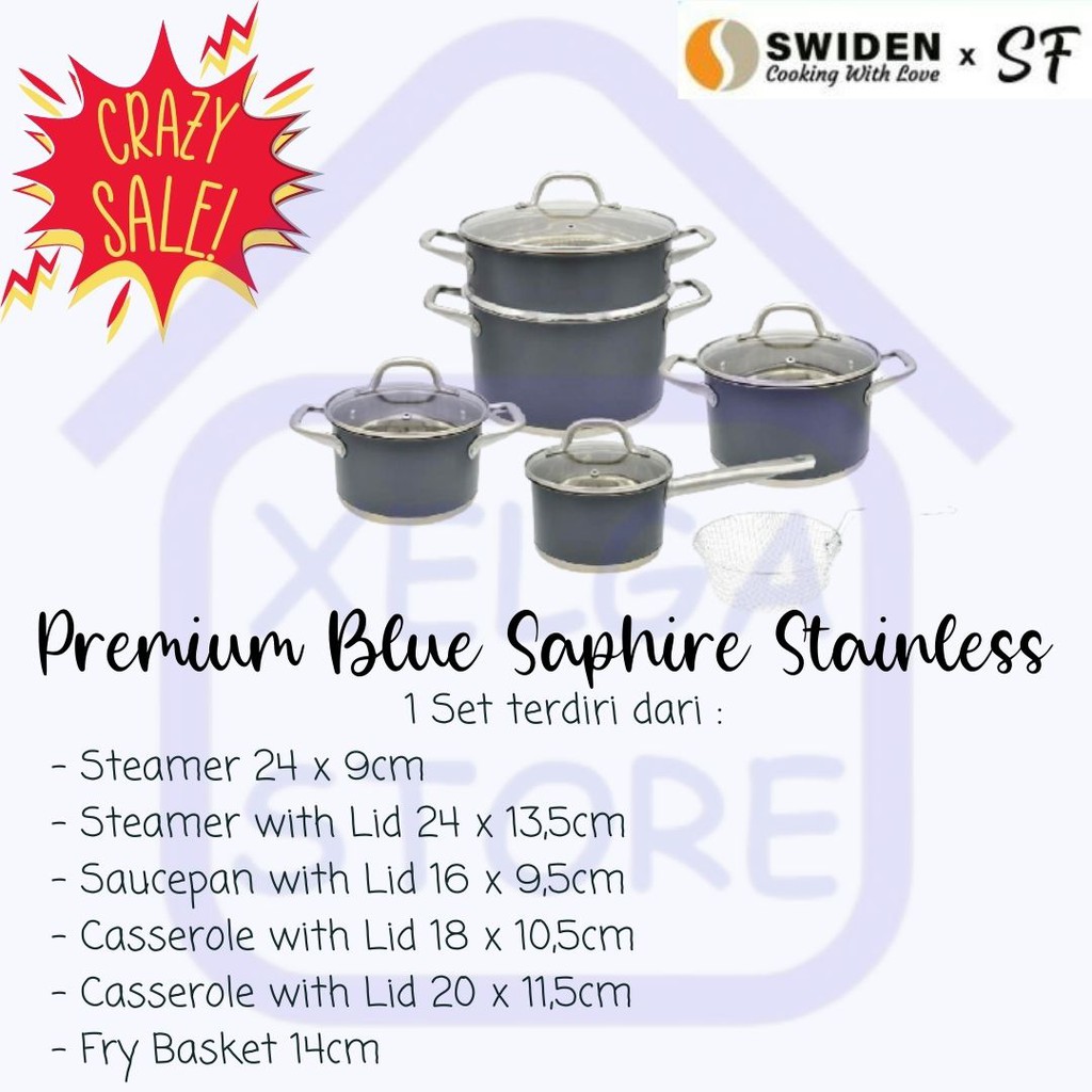 Swiden Blue Saphire Cookware Set, Panci Masak Set Bertutup, Panci Masak Stainless Steel
