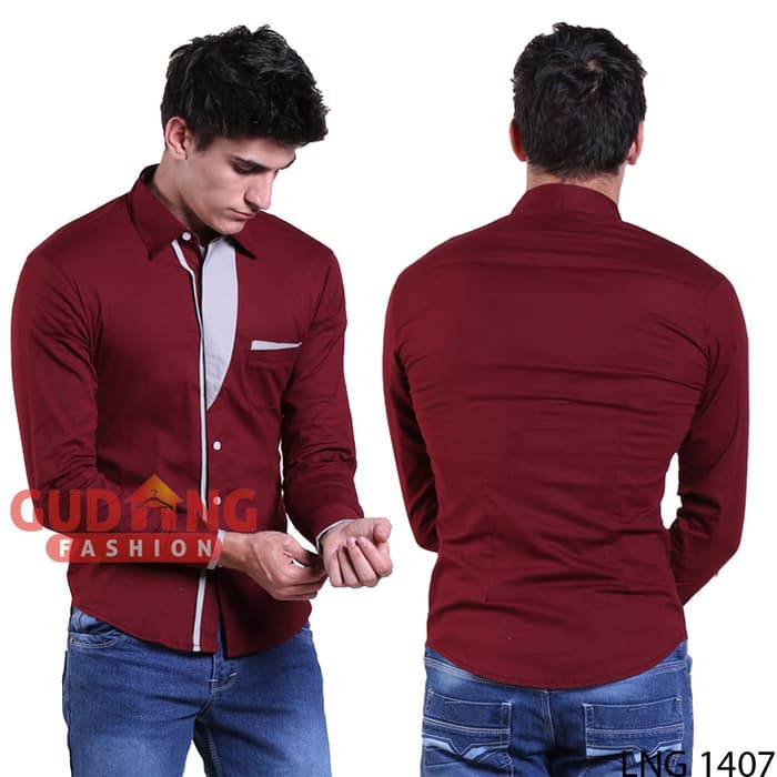 Kemeja Panjang Pria Korean Style Slim Fit Casual Modern LNG 1407  Maroon M