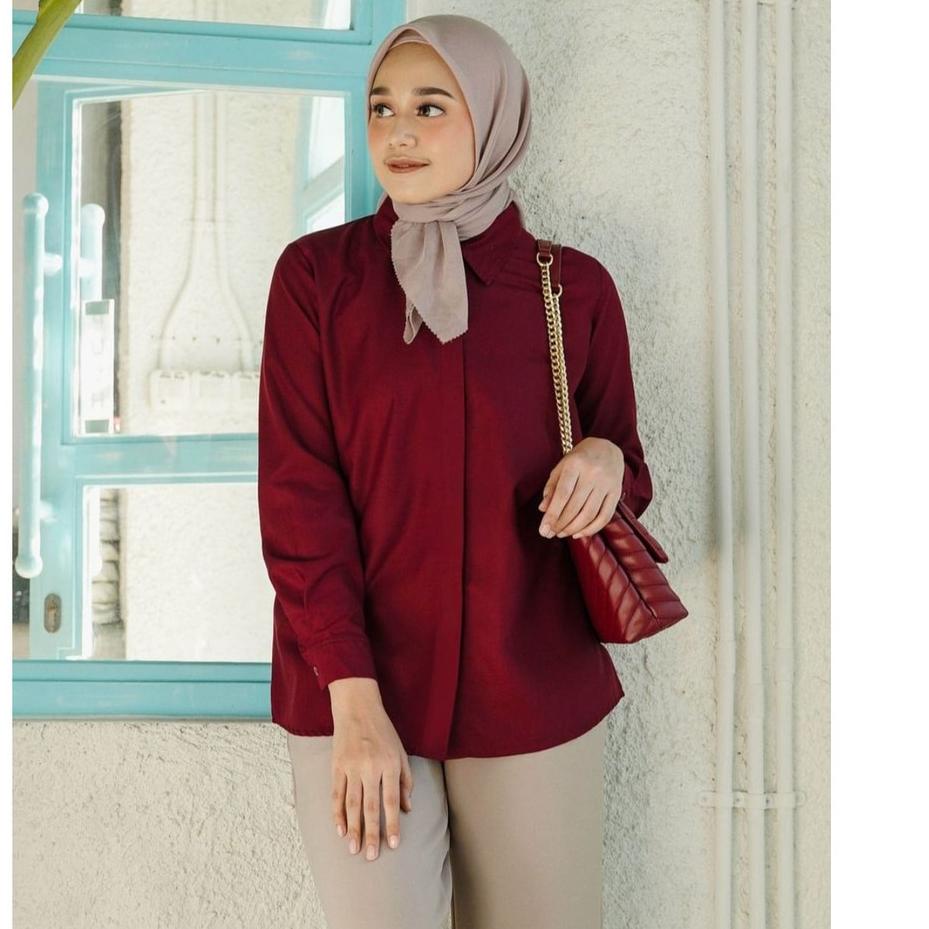 ((TERMURAH)) Baju wanita atasan lengan Panjang Kemeja Blouse Putih Hitam Merah Maroon Toyobo Premium