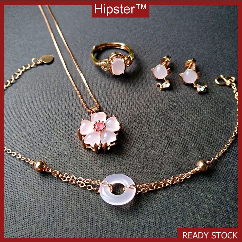 Set Cartoon Cat Pink Gemstone Earrings Safety Buckle Bracelet Pink Crystal Rose Gold Ring Five-Petal Flower Necklace Four-Piece Set