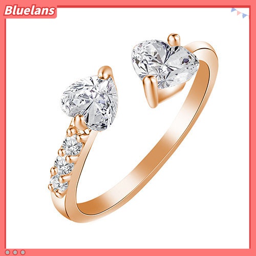 Cincin Model Terbuka Desain Hati Ganda Bahan Tembaga Aksen Zirkon Untuk Wanita