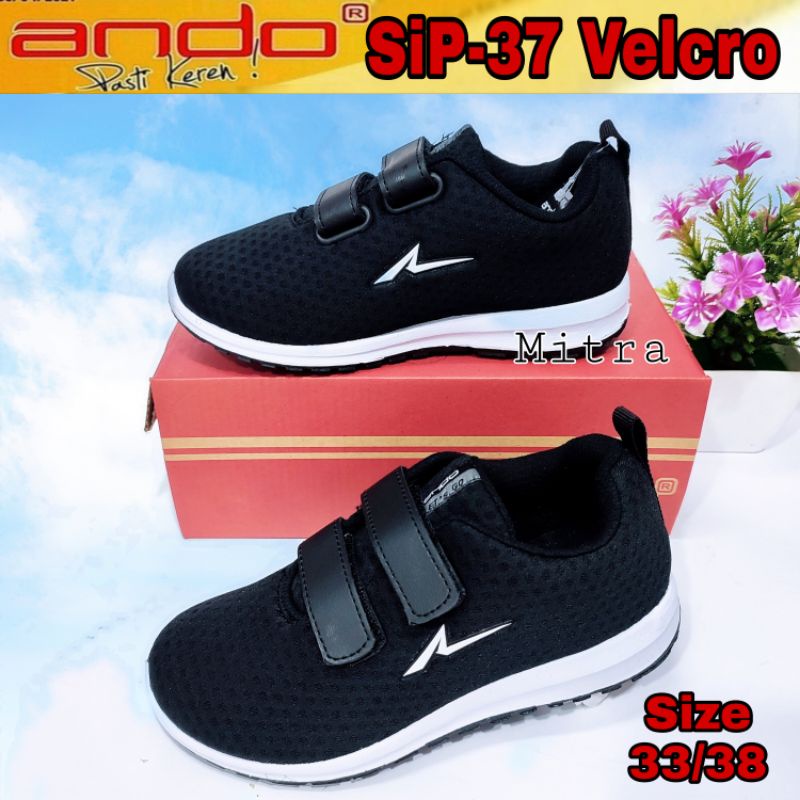 ANDO Sepatu Sekolah Anak Kecil Remaja Perempuan Velcro Perekat Tempel Hitam Putih Size 31sd 36 Original Murah Berkualitas