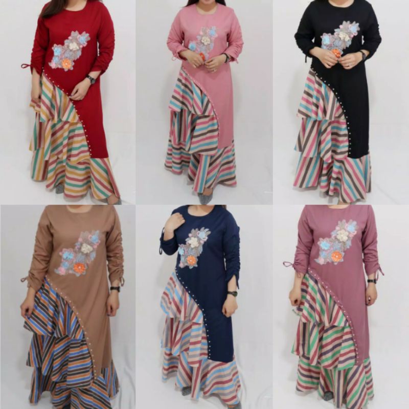 GAMIS MOSCREPE POLOS VARIASI MUTIARA LENGAN PANJANG KOMBINASI SALUR KATUN SET SLETING BAJU
