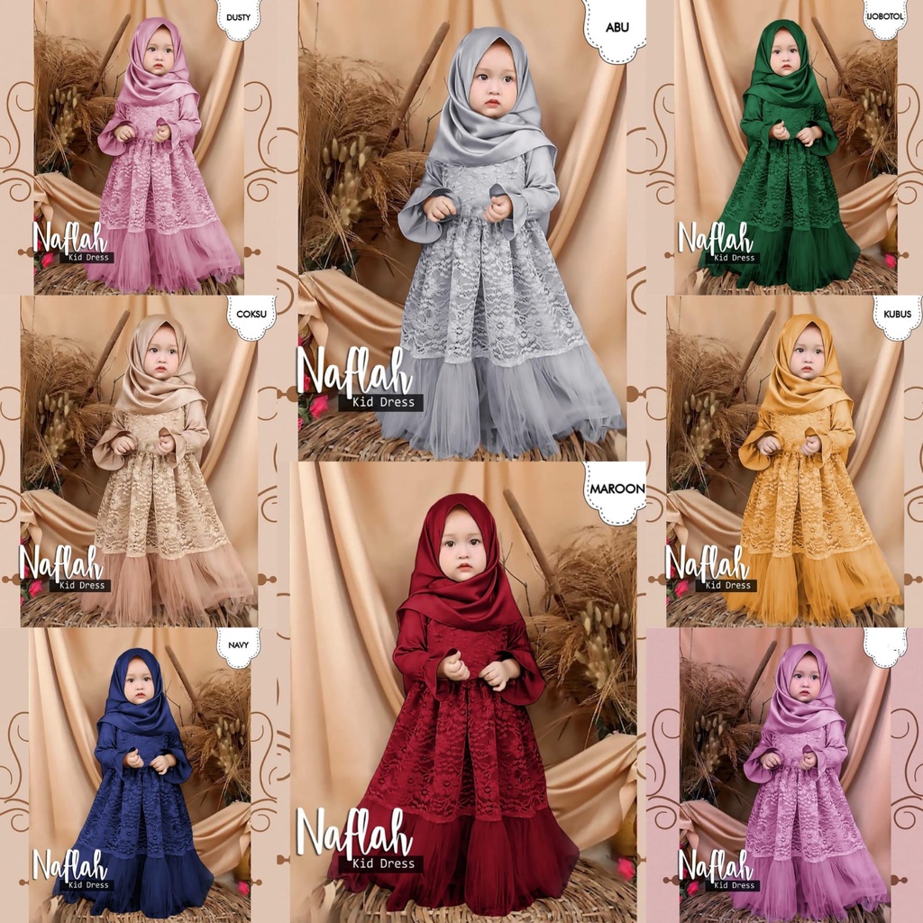 MAXI DRESS NAFLAH FULL BRUKAT KID / GAMIS ANAK FULL BRUKAT NAFLAH 3-6 TAHUN / GAMIS ANAK MUSLIM  KON