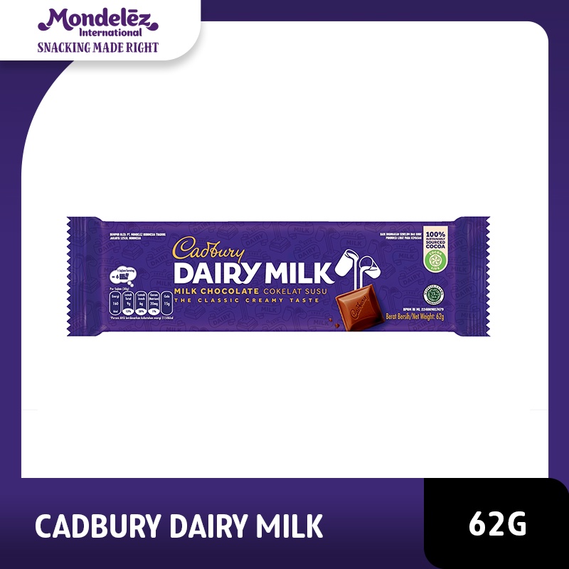 

Cadbury Dairy Milk Chocolate Original Regular 62g, coklat dengan susu untuk Camilan