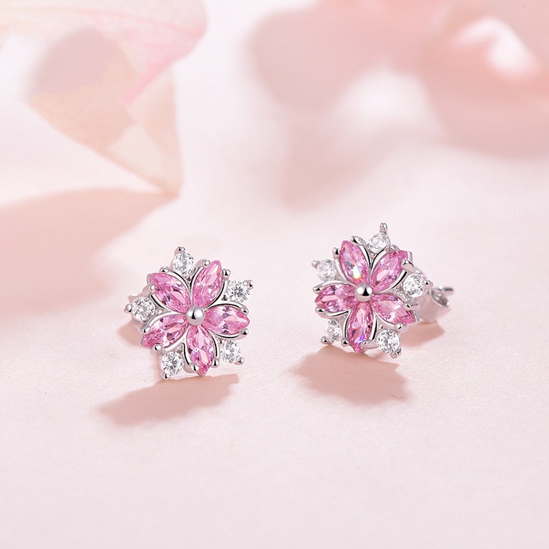 Anting Desain Bunga Sakura Bahan Stainless Warna Pink Aksen Berlian Untuk Aksesoris