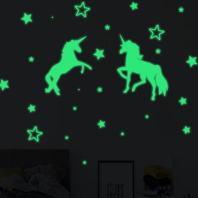 Stiker Dinding Desain Kartun Unicorn Bintang 3D Untuk Dekorasi Natal Wallpaper Glow in the Dark Untuk Dekorasi Rumah