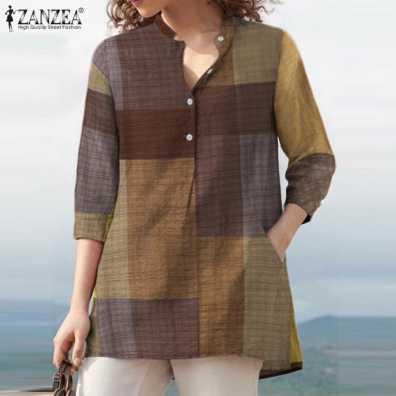 ZANZEA Women Lpng Sleeve Vintage Plaid Printed Loose V-Neck Blouse