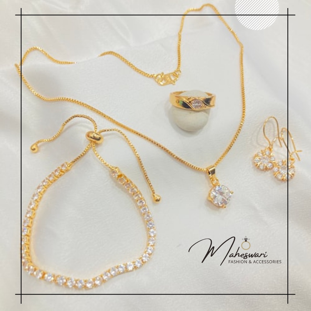 Set Perhiasan Titanium Gelang Serut Kalung Xuping Lapis Emas Aksesoris Fashion Wanita Import KTA75