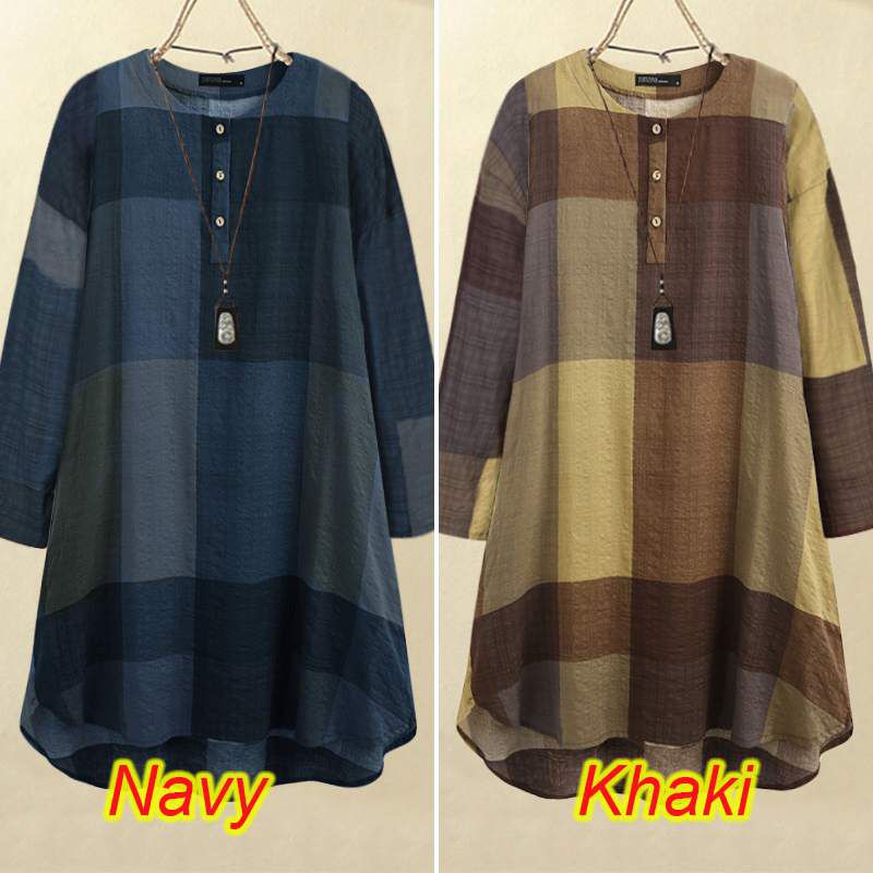 ZANZEA Atasan wanita import elegan motif kotak-kotak lengan panjang Terbaru S-5XL