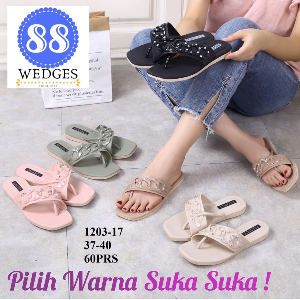 WEDGES 88 - Sandal Jepit Jelly Wanita Liana Import Balance 1203-17 Flat Karet Rantai Permata Korea T