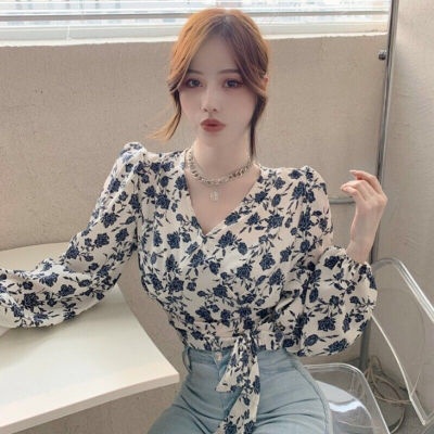 Hong Kong style retro V-neck shirt lace-up waist-controlled long sleeve floral shirt for women