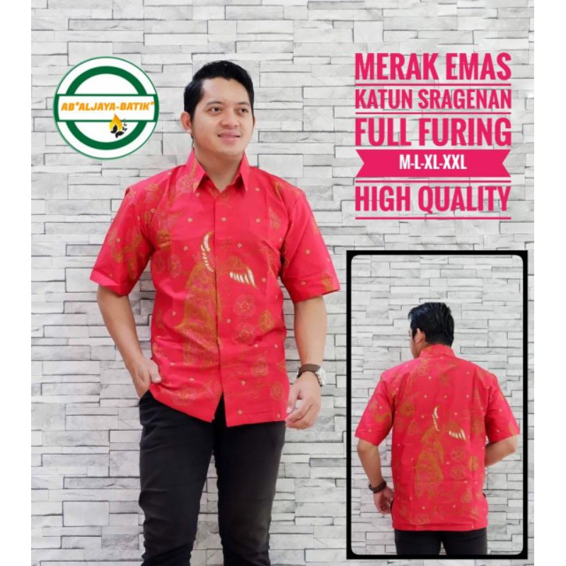 Hem Batik Pria Terbaru Batik Lengan Pandek Warna Merah Batik Pria Warna Merah MERAK EMAS PENDEK