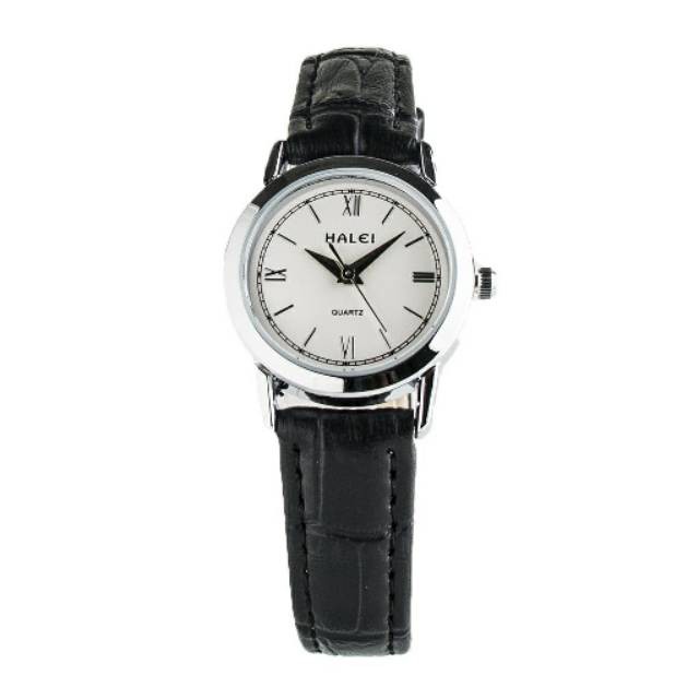Jam Tangan Wanita Keren Anti Air Halei Original 530L Rantai Kulit Hitam Plat Putih, Murah Meriah