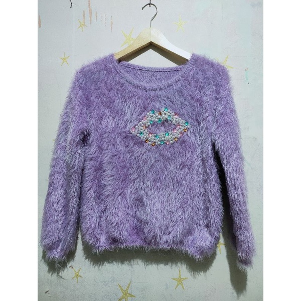 preloved Rajut fuzzy lilac / rajut lengan balon / atasan lilac / sweater
