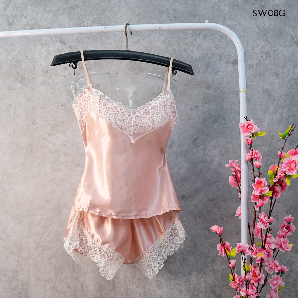 [PALING MURAH] PIYAMA SATIN SLEEP WEAR PEACH TANK TOP CELANA TIDUR SW08G