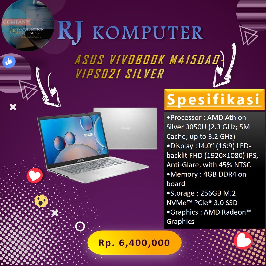 Asus VivoBook 14 M415DAO-VIPS021/AMD Athlon Silver-3050U/4GB/256GBSSD