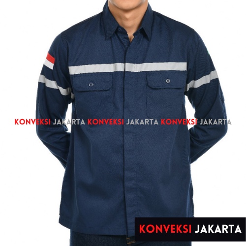 Baju Wearpack Kemeja Safety K3 Proyek Tambang Lengan Panjang  - Pakaian Seragam Werpak Kerja Atasan Scotlite Lapangan Warna Navy Pria Wanita