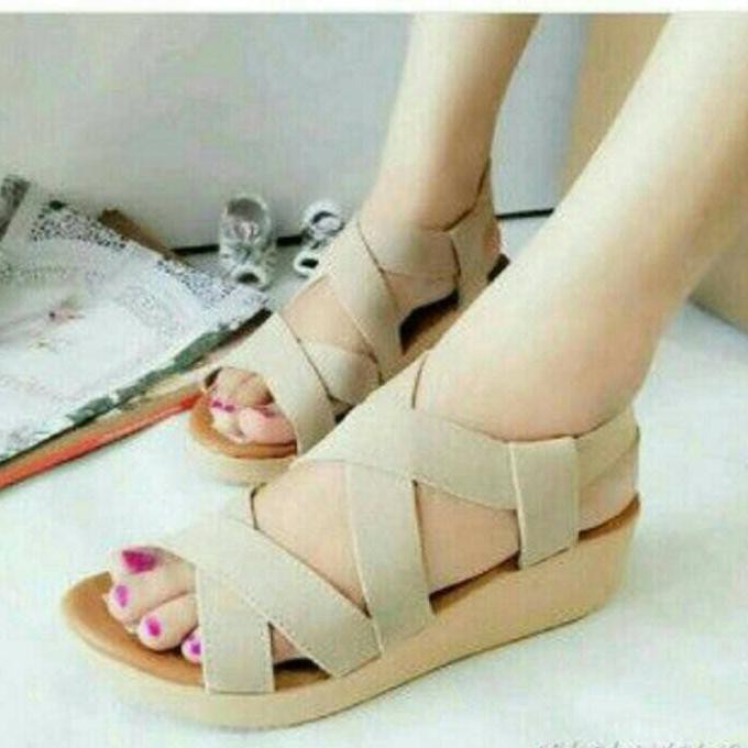 wedges tali karet cream, sepatu sandal pesta santai wanita