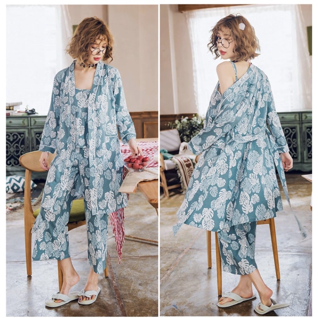 Baju tidur piyama model kimono celana panjang bahan kaos katun import