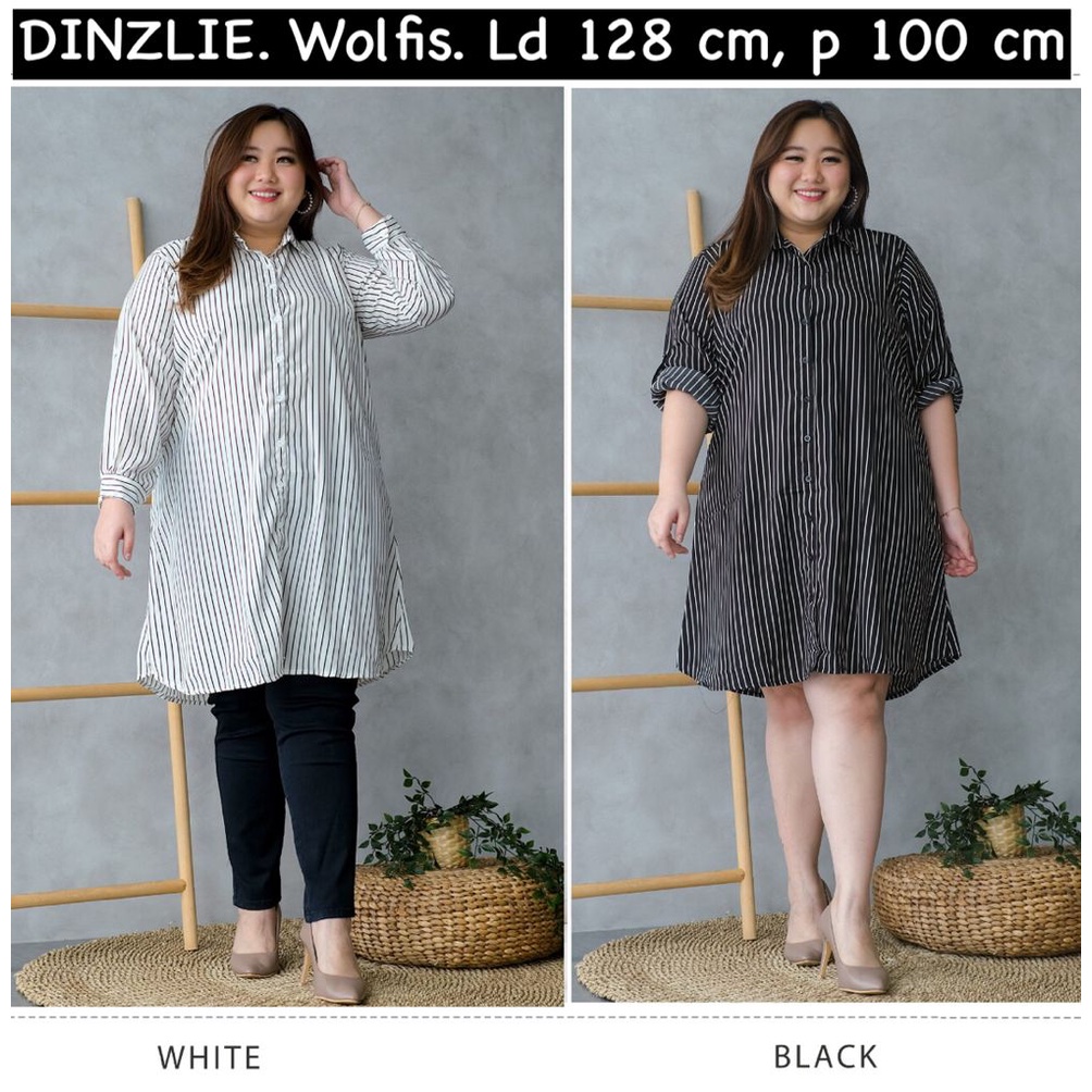 DINZLIE KEMEJA PANJANG TUNIK WANITA MOTIF GARIS GARIS SALUR BAHAN WOLFIS WARNA PUTIH HITAM BIG SIZE 