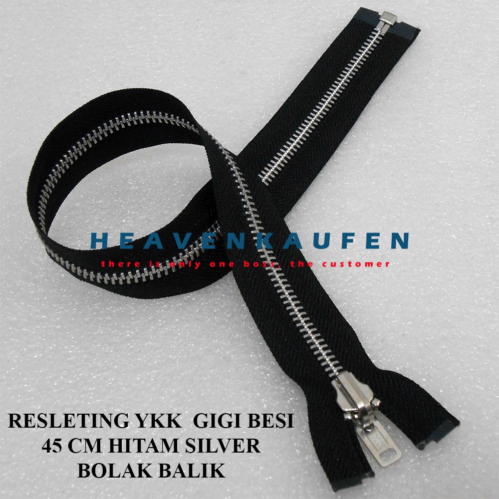 Resleting Zipper YKK 45 cm Gigi Besi Hitam - Silver Bolak Balik