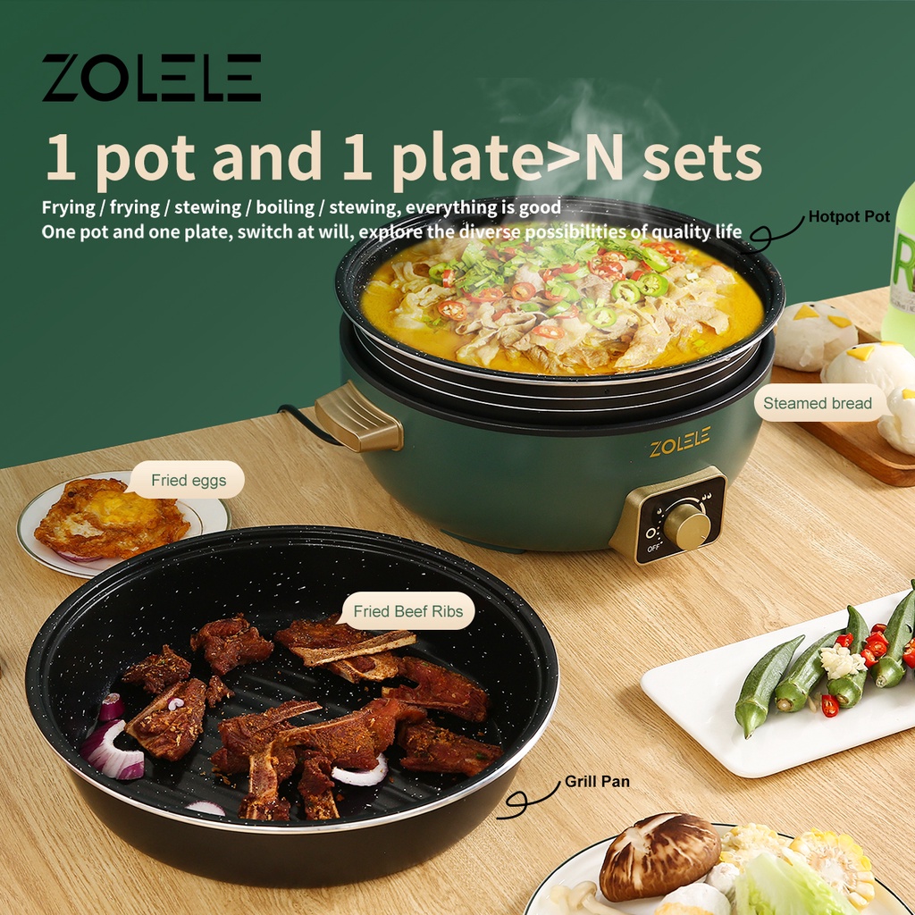 ZOLELE Panci Listrik Serbaguna Besar 6L Elektrik Cooker 3-Layer Portable Penanak Nasi Food Processor Pot Deep Fryer Steamer Non-stick Peralatan Dapur Panci Kukus Panci Rebus Mengukus Menggoreng Merebus Home Kitchen ZC300