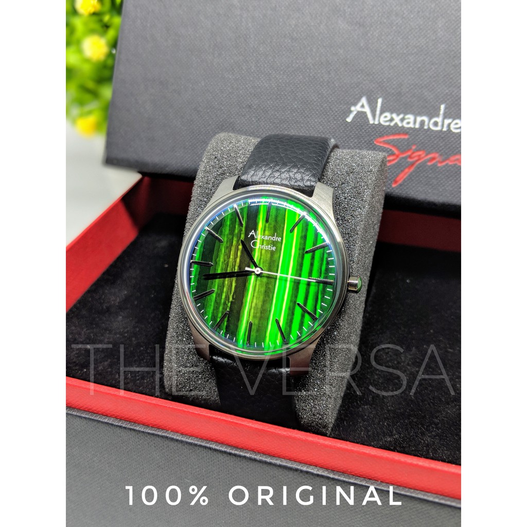 Alexandre Christie AC 8532 Jam Tangan Unisex Kulit Hitam Dial Hijau