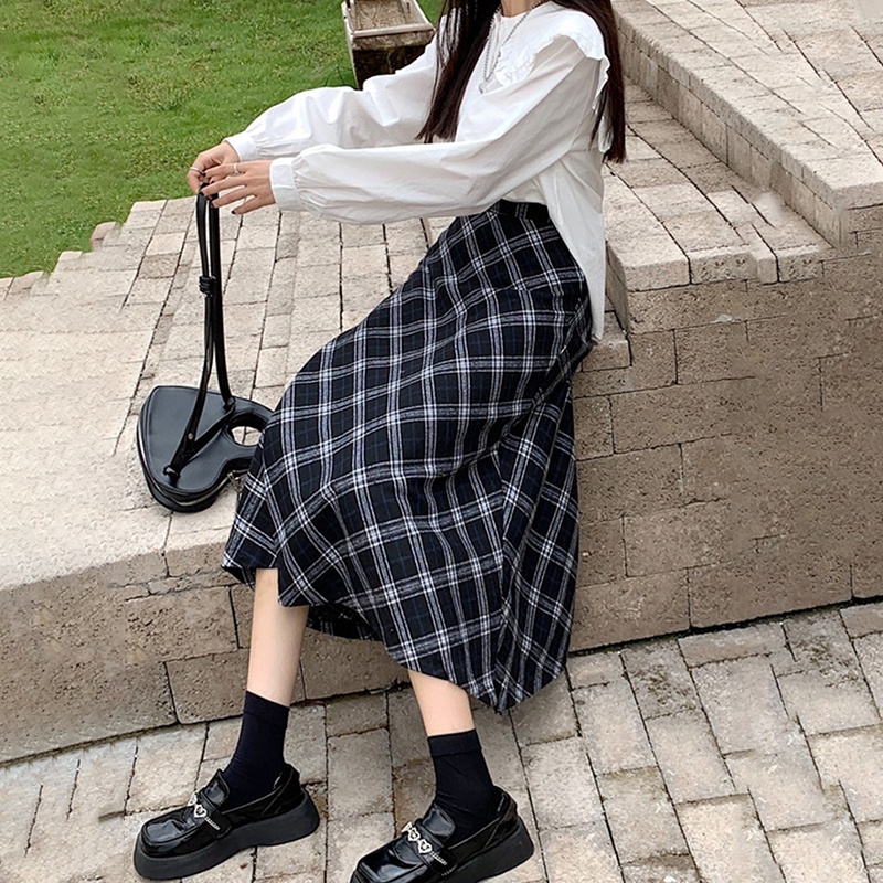 Newlan QZ010 Rok Kotak Kotak Panjang Motif Rok Korean Style Panjang Naya Skirt Kotak Long Skirt-1