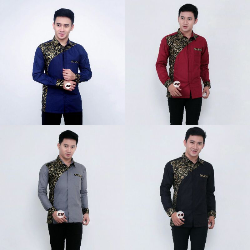 Kemeja Batik Pria Katun Polos Kombinasi Prada Emas / Baju Batik Pria Murah Lengan Panjang