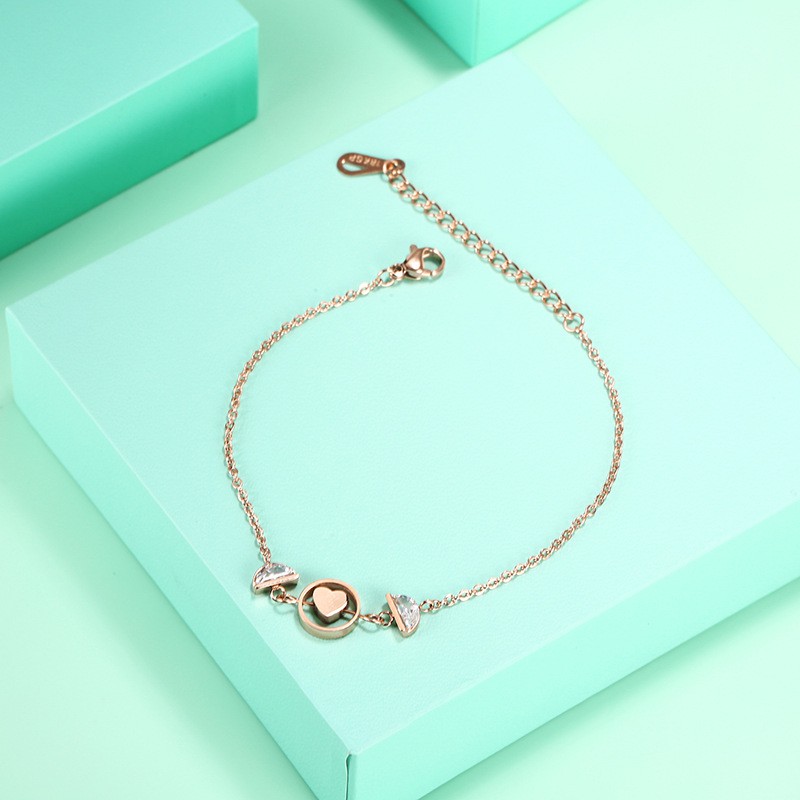 Gelang Fashion Korea Anti Karat Titanium Rose Gold Batu Putih Love - BB505