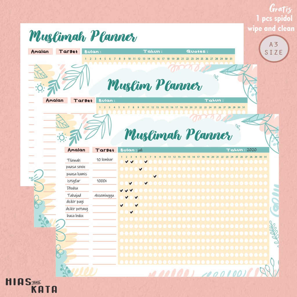 

Muslim muslimah planner dinding size A3 (bonus 1pcs spidol wipe & clean)