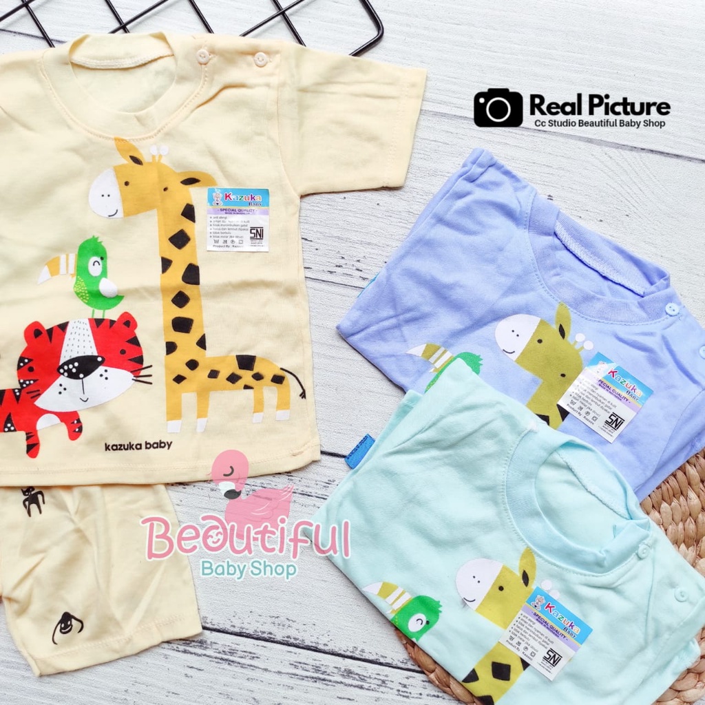 Setelan Pendek Bayi SNI 3-12 Bulan Motif Giraffe / Baju Bayi Pendek Kazuka / Setelan Harian Bayi / Kaos Oblong Bayi &amp; Anak Kancing Pundak / Beautiful Baby Shop