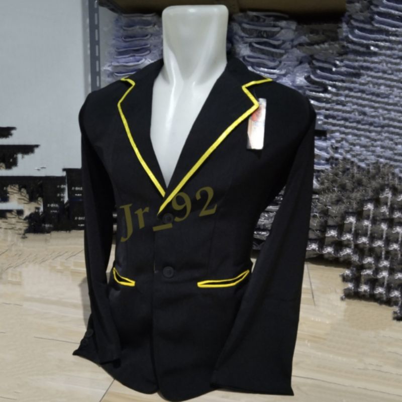 Almamater hitam polos lis kuning