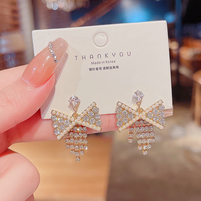 Anting Tusuk Sterling Silver 925 Desain Pita Hias Mutiara + Berlian Untuk Wanita