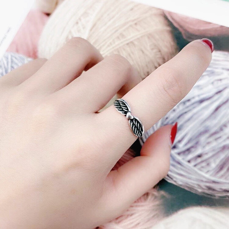 Cincin Jari Bentuk Hati Sayap Malaikat Dapat Disesuaikan Gaya Punk Retro Vintage Untuk Wanita